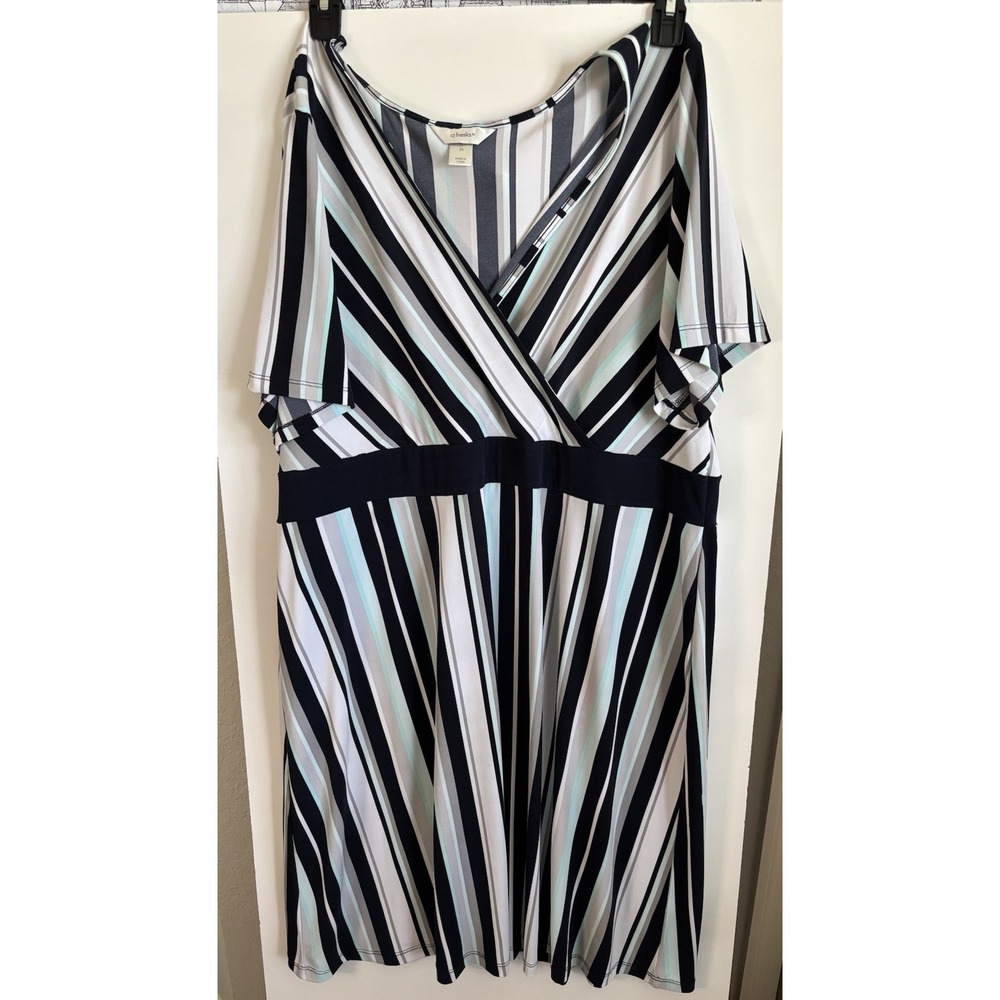 CJ Banks Vertical Striped Jersey Knit Short Sleeve V-Neck Dress, Plus Size 2X